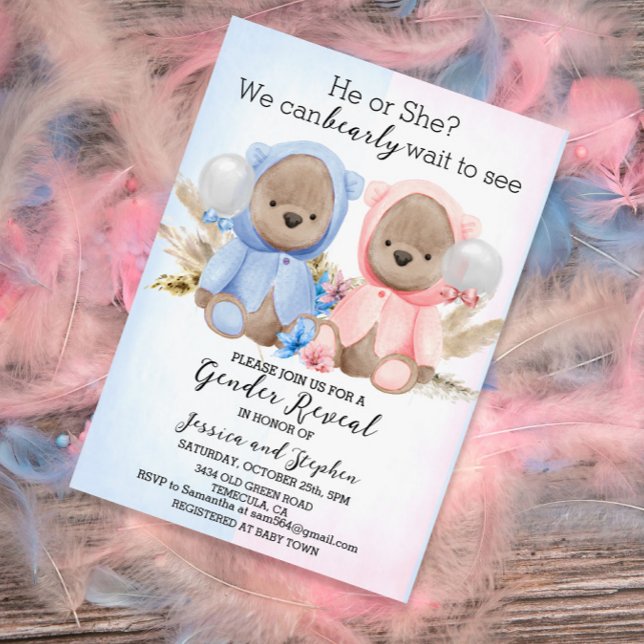 Boho Teddy Bears Pink Blue Gender Reveal Einladung (Von Creator hochgeladen)