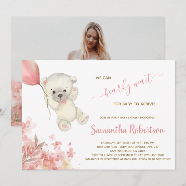 Boho Teddy Polar Bear Pink Pampa Grass Baby Dusche Einladung (Vorne/Hinten)