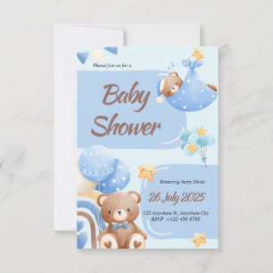 Boho-Teddybär-Junge-Blaue-Baby-Party-Einladung Einladung