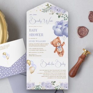 Boho-Teddybär lila Ballons Florales Babyshower All In One Einladung