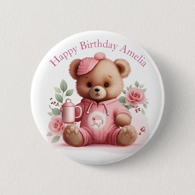 Boho-Teddybär-Mädchen Rosa Bär Blumen Geburtstag  Button (Vorderseite)