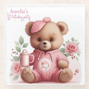 Boho-Teddybär-Mädchen Rosa Bär Blumen Geburtstag Glasuntersetzer