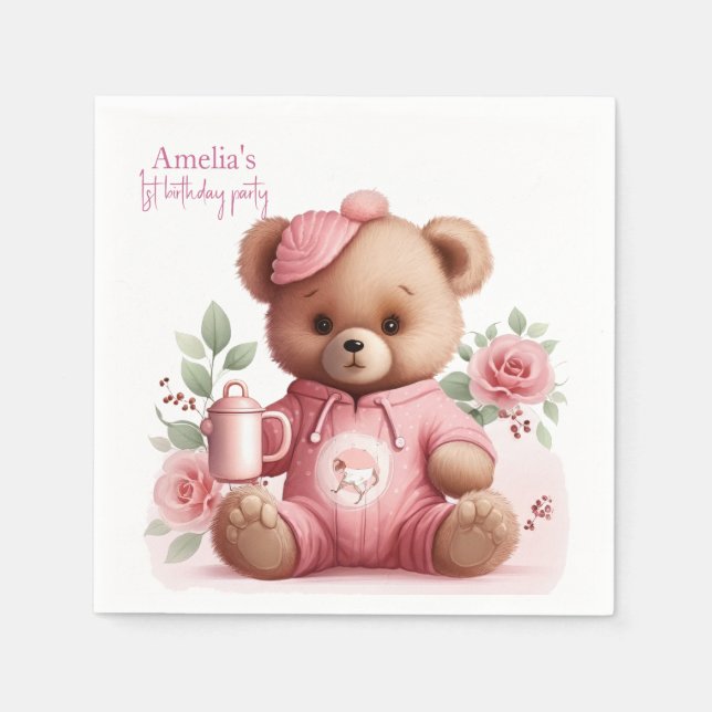 Boho-Teddybär-Mädchen Rosa Bär Blumen Geburtstag  Serviette (Vorderseite)
