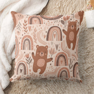 Boho-Teddybär-Regenbogen-Braun-Beige-Rosa Kissen