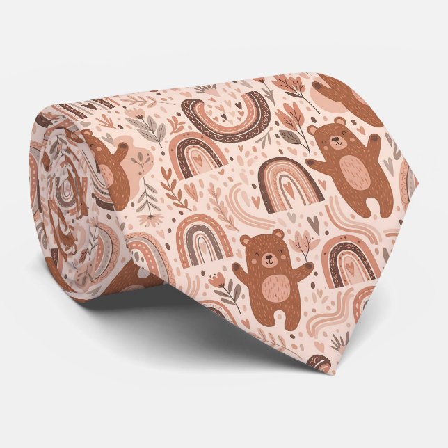 Boho-Teddybär-Regenbogen-Braun-Beige-Rosa Krawatte (Gerollt)