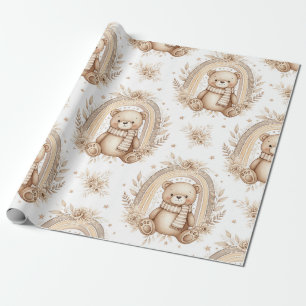 Boho-Teddybär-Regenbogen-Neutrales-Blumenmuster (2 Geschenkpapier