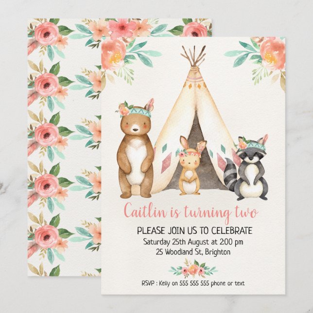 Boho Teepee Bois Animaux Anniversaire Invitation (Devant / Derrière)