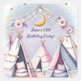Boho Teepee Girly Sleepover Slumber Party Quadratischer Aufkleber