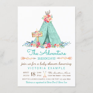 Boho TeePee Rustic Girl Baby Shower Einladungen