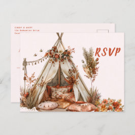 Boho Tent Feathers Wedding RSVP Postkarte