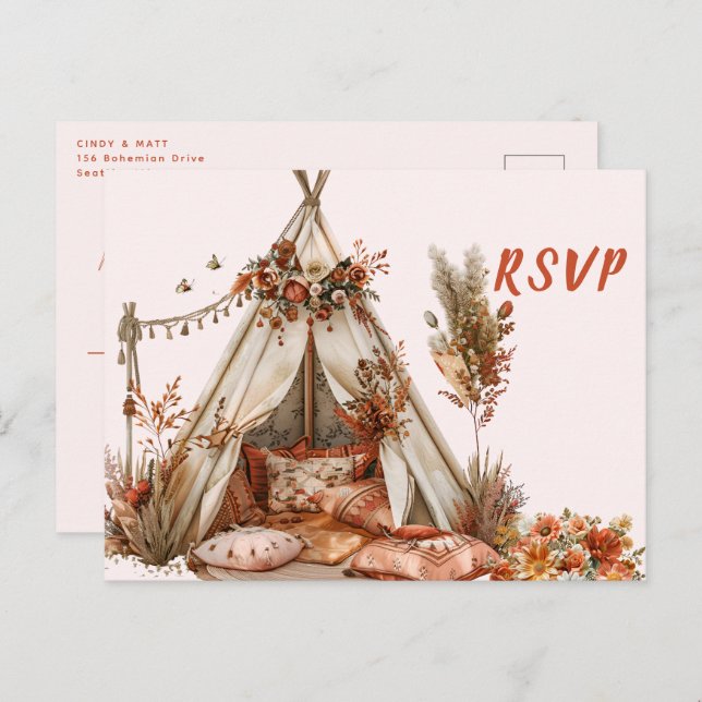 Boho Tent Feathers Wedding RSVP Postkarte (Vorne/Hinten)