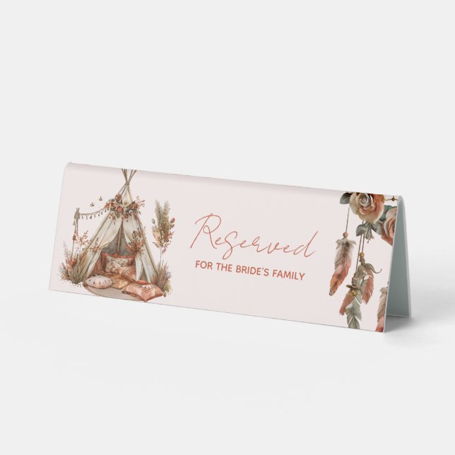 Boho Tent Feathers Wedding Tischaufsteller (Vorderseite)