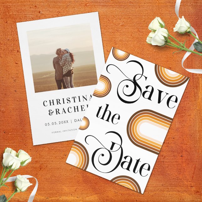 Boho Terracotta Arch & Retro Script Foto Wedding Save The Date (Von Creator hochgeladen)