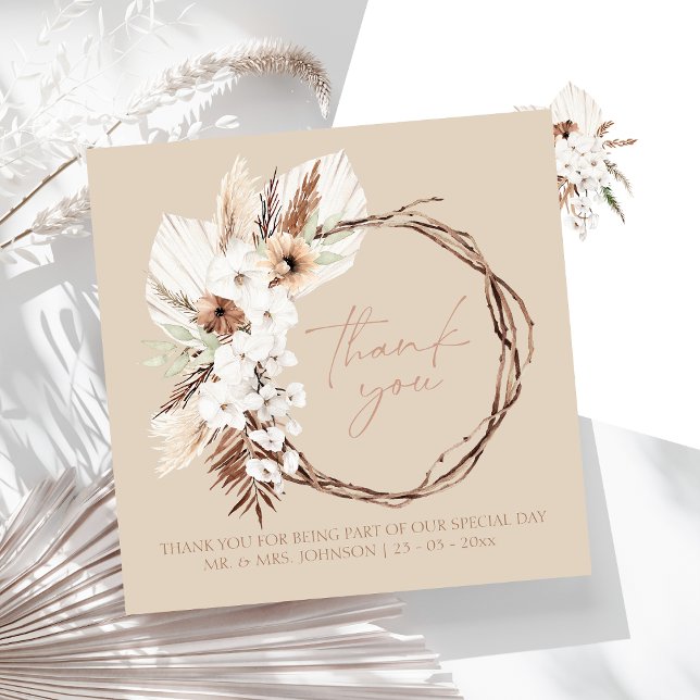 Boho Terracotta Beige Dried Floral Wreath Wedding Dankeskarte (Boho Terracotta Beige Dried Floral Wreath Wedding Thank You Card)