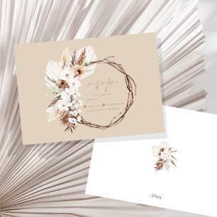 Boho Terracotta Beige Dried Floral Wreath Wedding RSVP Karte