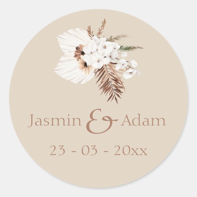 Boho Terracotta Beige Pampas Grass Floral Wedding Runder Aufkleber (Vorderseite)