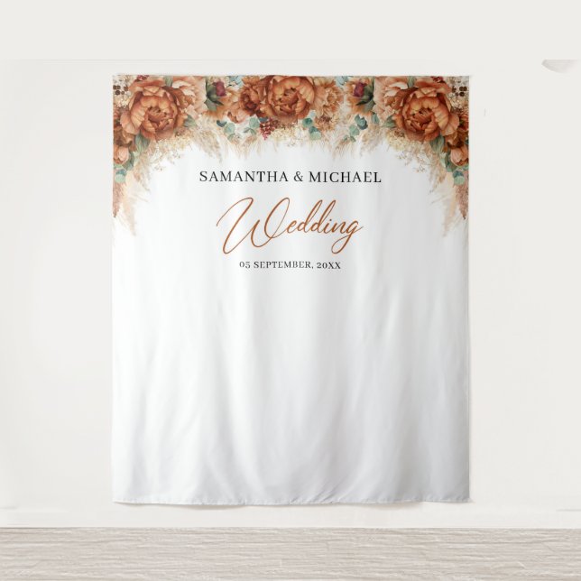 Boho terracotta Blumenkupfer Pampas Gras Hochzeit Wandteppich (Vorderseite)