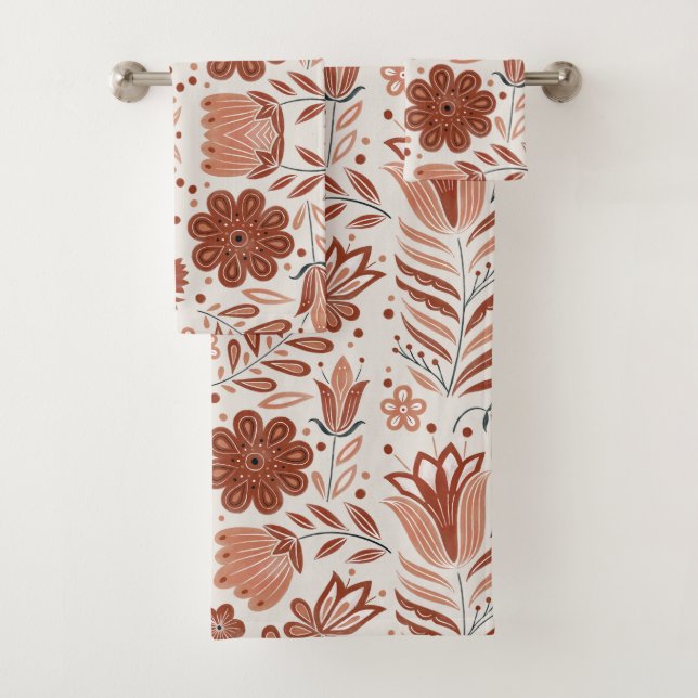 Boho Terracotta Blumenmuster Badetuch Set (Insitu)