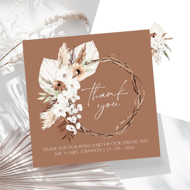 Boho Terracotta Brown Driving Floral Wreath Weddin Dankeskarte (Boho Terracotta Brown Dried Floral Wreath Wedding Thank You Card)