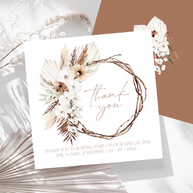 Boho Terracotta Brown Driving Floral Wreath Weddin Dankeskarte (Boho Terracotta Brown Dried Floral Wreath Wedding Thank You Card)