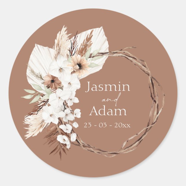 Boho Terracotta Brown Driving Floral Wreath Weddin Runder Aufkleber (Vorderseite)
