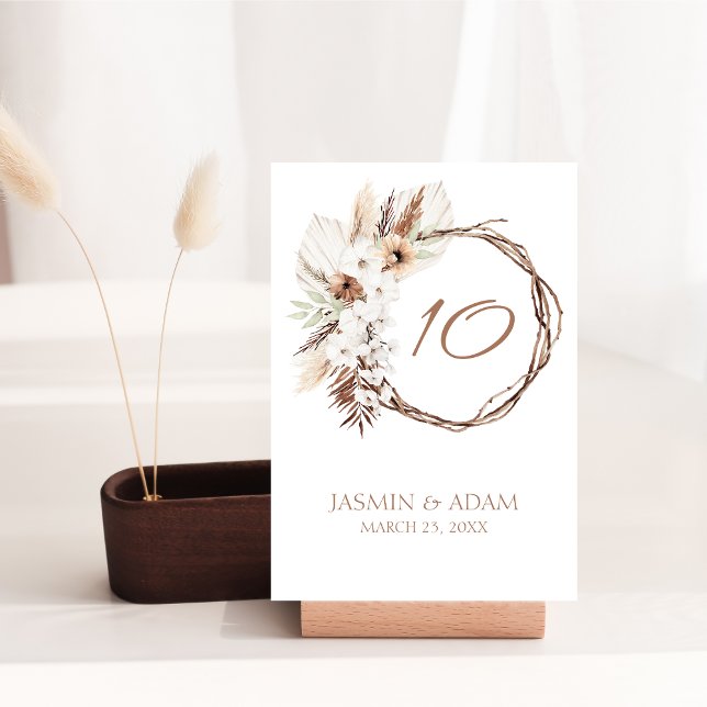 Boho Terracotta Brown Driving Floral Wreath Weddin Tischnummer (Boho Terracotta Brown Dried Floral Wreath Wedding Table Number)