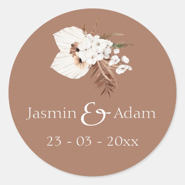 Boho Terracotta Brown Pampas Grass Floral Wedding Runder Aufkleber (Vorderseite)