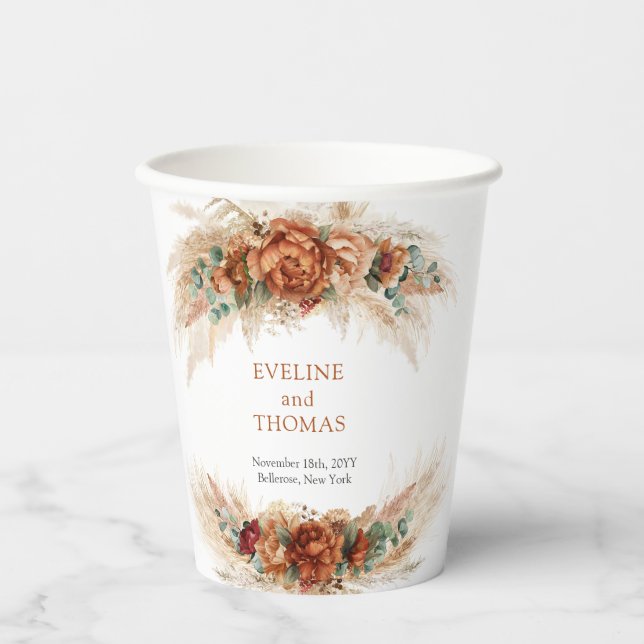 Boho terracotta burgundy blumeneucalyptus wedding pappbecher (Vorderseite)