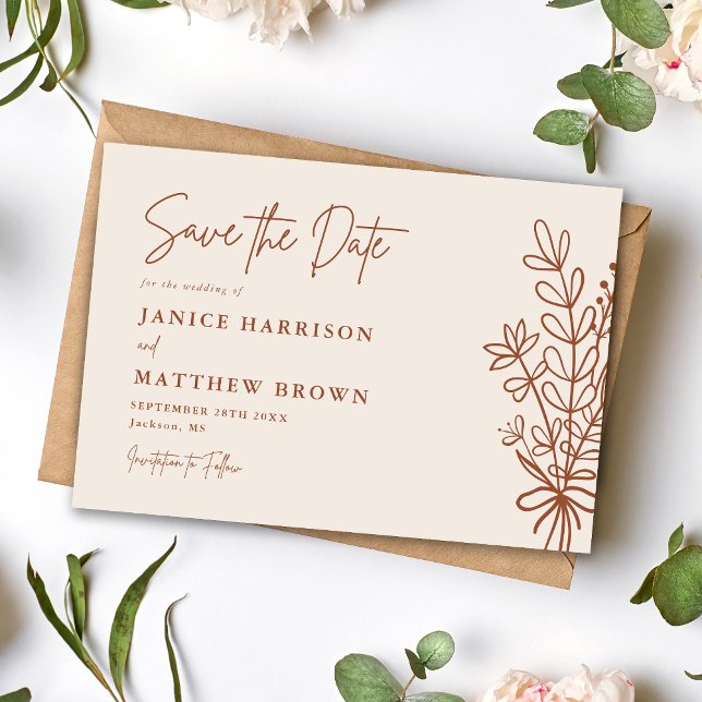 Boho Terracotta Burnt Orange Rustikale Hochzeit Save The Date (Boho terracotta save the date sets a warm rustic tone while announcing your big day.)
