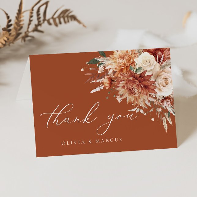 Boho Terracotta Dahlia Floral Elegante Hochzeit Dankeskarte (Von Creator hochgeladen)