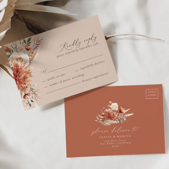 Boho Terracotta Dahlia Floral Elegante Hochzeit RSVP Karte (Von Creator hochgeladen)