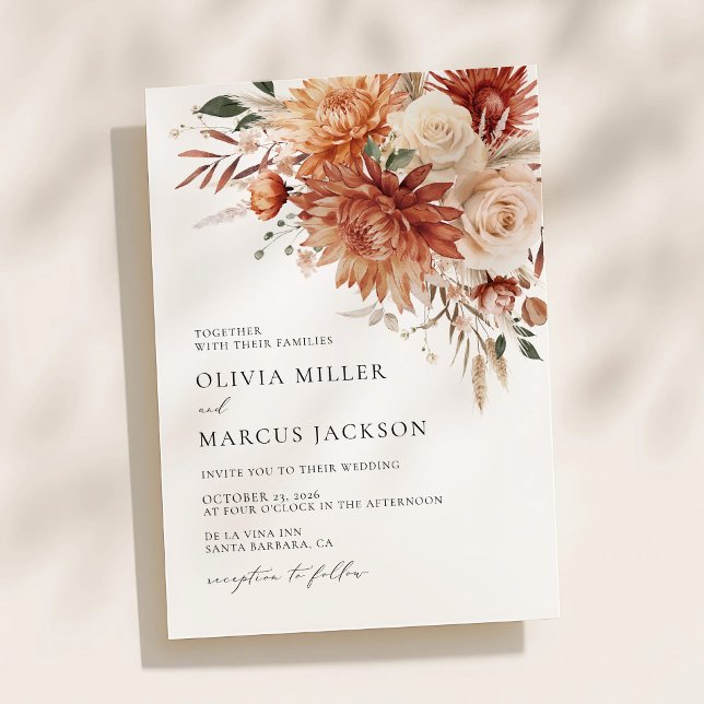Boho Terracotta Dahlia Rose Einladung Hochzeit (Terracotta dahlia floral wedding invitation with elegant typography and warm autumn design)