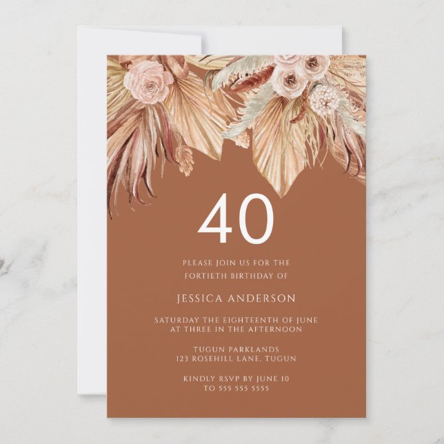 Boho Terracotta Dried Floral 40 th Birthday Party Einladung (Vorderseite)