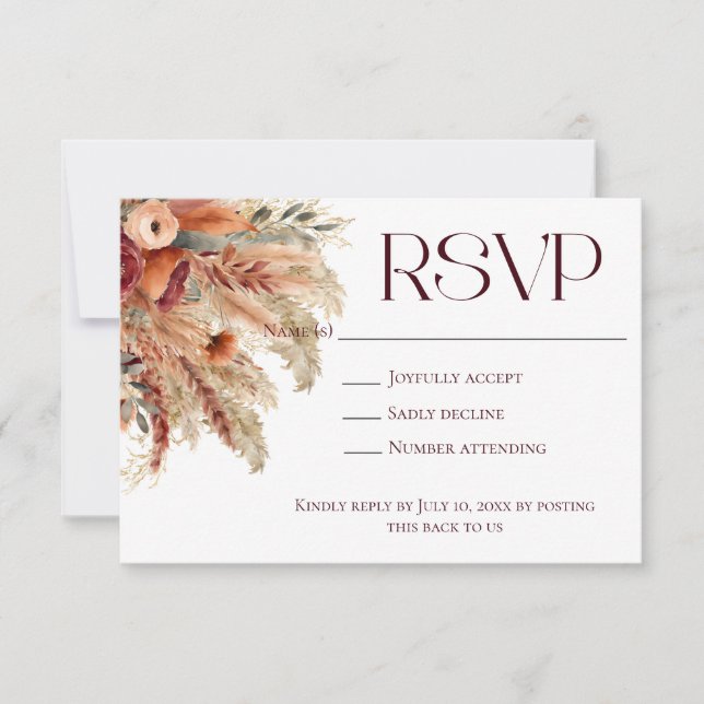 Boho Terracotta Fall Driven Florals Pampas Grass RSVP Karte (Vorderseite)