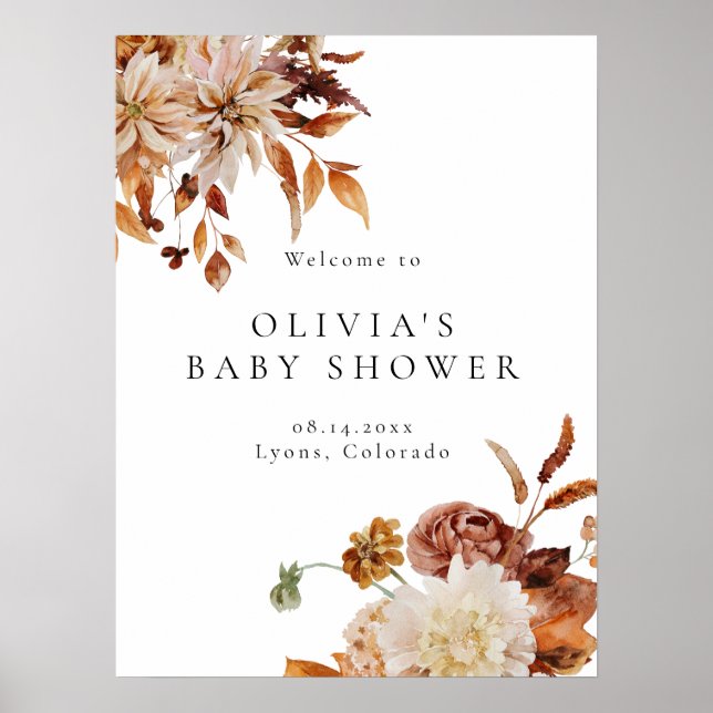 Boho Terracotta Fall Floral Baby Dusche Willkommen Poster (Vorne)