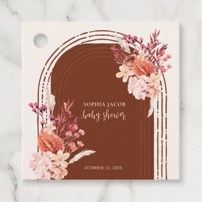 Boho Terracotta Floral Arch Baby Dusche Geschenkanhänger (Vorderseite)