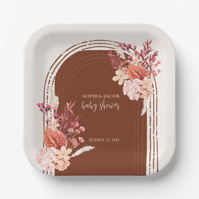 Boho Terracotta Floral Arch Baby Dusche Pappteller (Vorderseite)