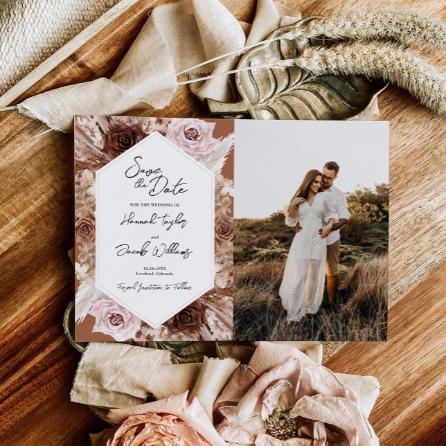 Boho Terracotta Floral Foto Wedding Save The Date (Von Creator hochgeladen)