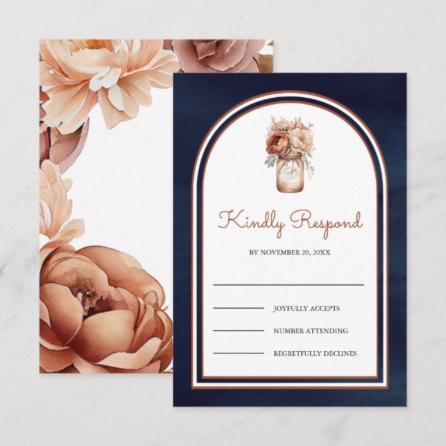 Boho Terracotta Floral Mason Jar Navy Blue Wedding RSVP Karte (Vorne/Hinten)
