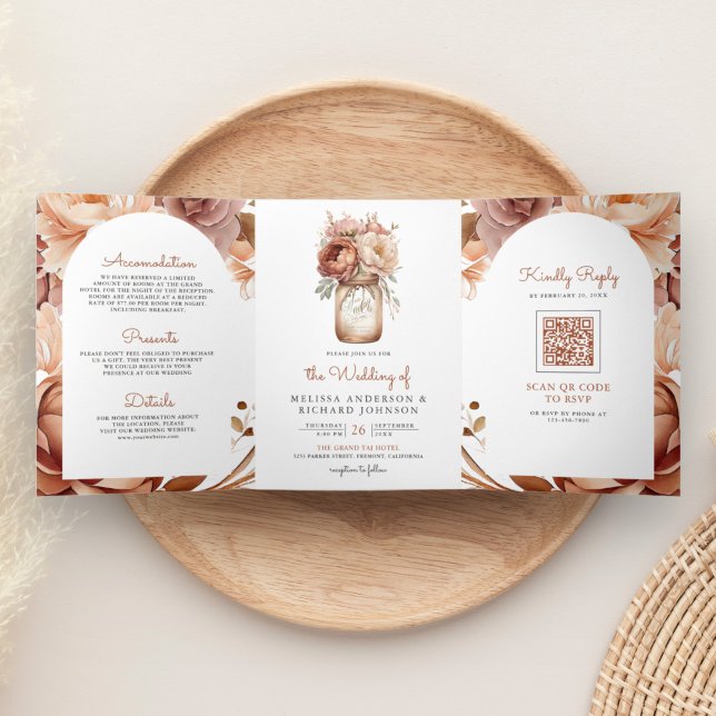 Boho Terracotta Floral Mason Jar QR Code Wedding Dreifach Gefaltete Einladung (Von Creator hochgeladen)
