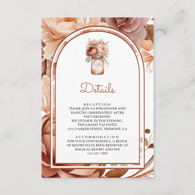 Boho Terracotta Floral Mason Jar Wedding Details Begleitkarte (Vorderseite)
