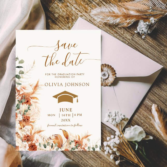 Boho Terracotta Floral Photo Graduation  Save The Date (Von Creator hochgeladen)