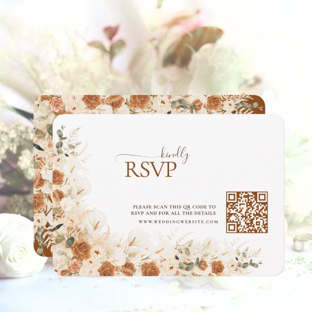 Boho Terracotta Floral QR Code Wedding RSVP Karte (Von Creator hochgeladen)