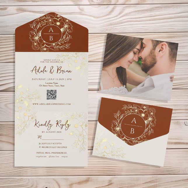 Boho Terracotta Floral Wedding All In One Einladung (Von Creator hochgeladen)