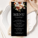 Boho Terracotta Floral Wildblume Black Wedding Menükarte<br><div class="desc">Elegante Speisekarte mit schönen rustikalen Wildblumen und moderner Typografie.</div>