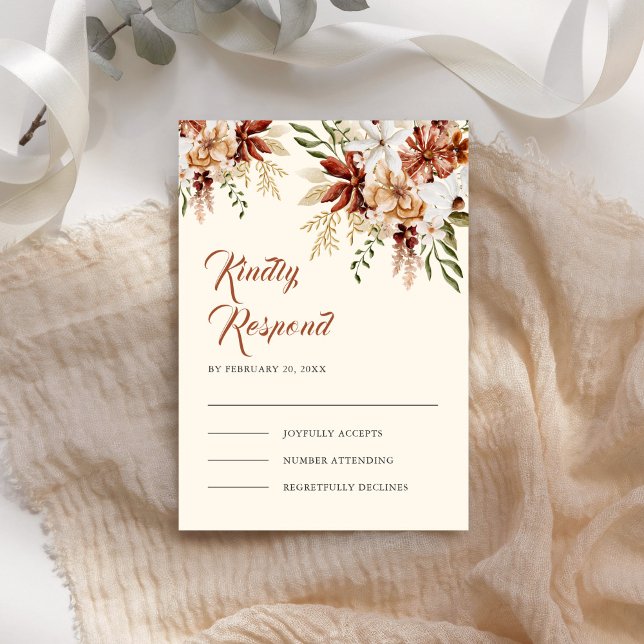 Boho Terracotta Floral Wildblume Creme Wedding RSVP Karte (Von Creator hochgeladen)