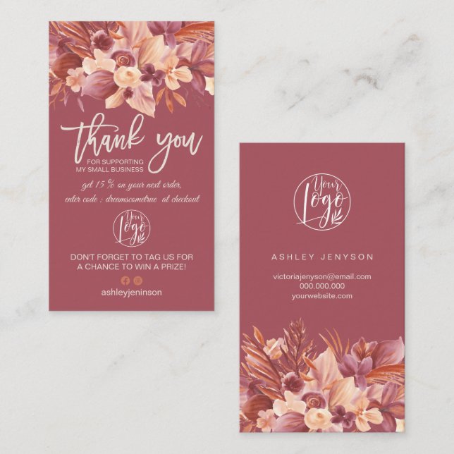 Boho terracotta florale Logo Bestellung Vielen Dan Visitenkarte (Vorne/Hinten)