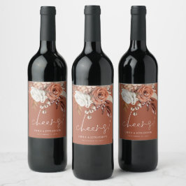 Boho Terracotta Florals Cheers Names Brown Wedding Weinetikett