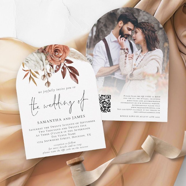 Boho Terracotta Florals Foto QR Code Wedding Einladung (Front and back view)