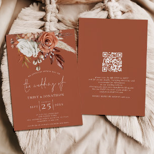 Boho Terracotta Florals QR Code Rust Wedding Einladung